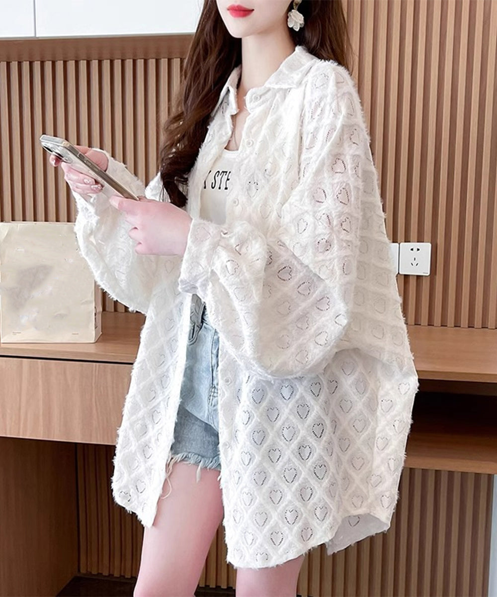 ハートジャガードシャツカーディガン春夏秋 レディース 袖ボリューム カジュアル羽織り 冷房対策軽アウター UVケア長袖トップス 着やせBIGシルエット韓国風カーデ 87YIGULI-003