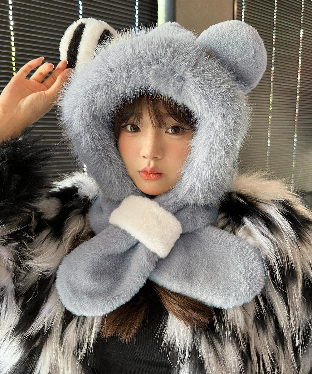 くまみみ帽子 マフラー付きファー帽子暖か グレー