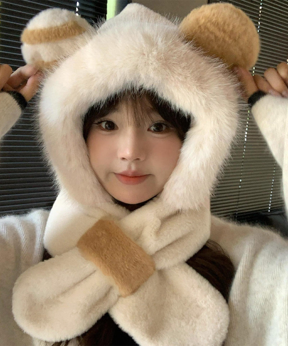 くまみみ帽子 マフラー付きファー帽子暖か アイボリー