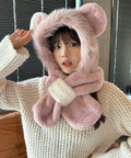 くまみみ帽子 マフラー付きファー帽子暖か ピンク