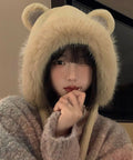 レディースファー帽子 くま耳帽子 暖かい 韓国風 もこもこ帽子 大人可愛い 耳当て帽子 おしゃれ ボア帽子 もふもふ ポンポン付き 小顔帽子 防風防寒グッズ 女性 87YISHENG-001