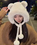 レディースファー帽子 くま耳帽子 暖かい 韓国風 もこもこ帽子 大人可愛い 耳当て帽子 おしゃれ ボア帽子 もふもふ ポンポン付き 小顔帽子 防風防寒グッズ 女性 87YISHENG-001