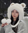 レディースファー帽子 くま耳帽子 暖かい 韓国風 もこもこ帽子 大人可愛い 耳当て帽子 おしゃれ ボア帽子 もふもふ ポンポン付き 小顔帽子 防風防寒グッズ 女性 87YISHENG-001