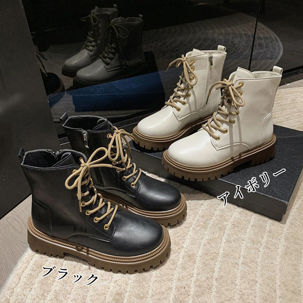 厚底ショートブーツ 韓国 編み上げブーツ