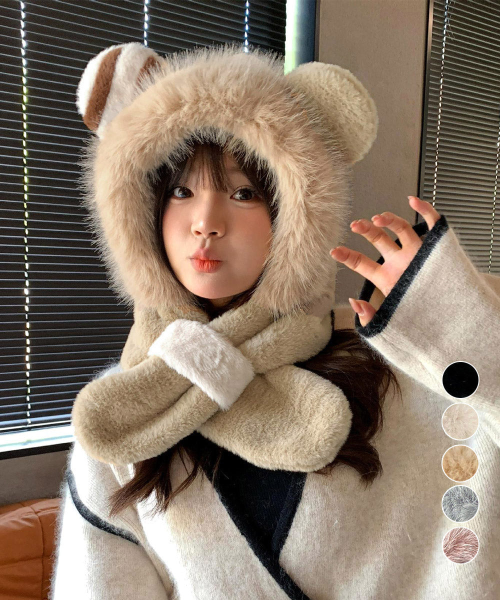 くまみみ帽子 マフラー付きファー帽子暖か 詳細画像1