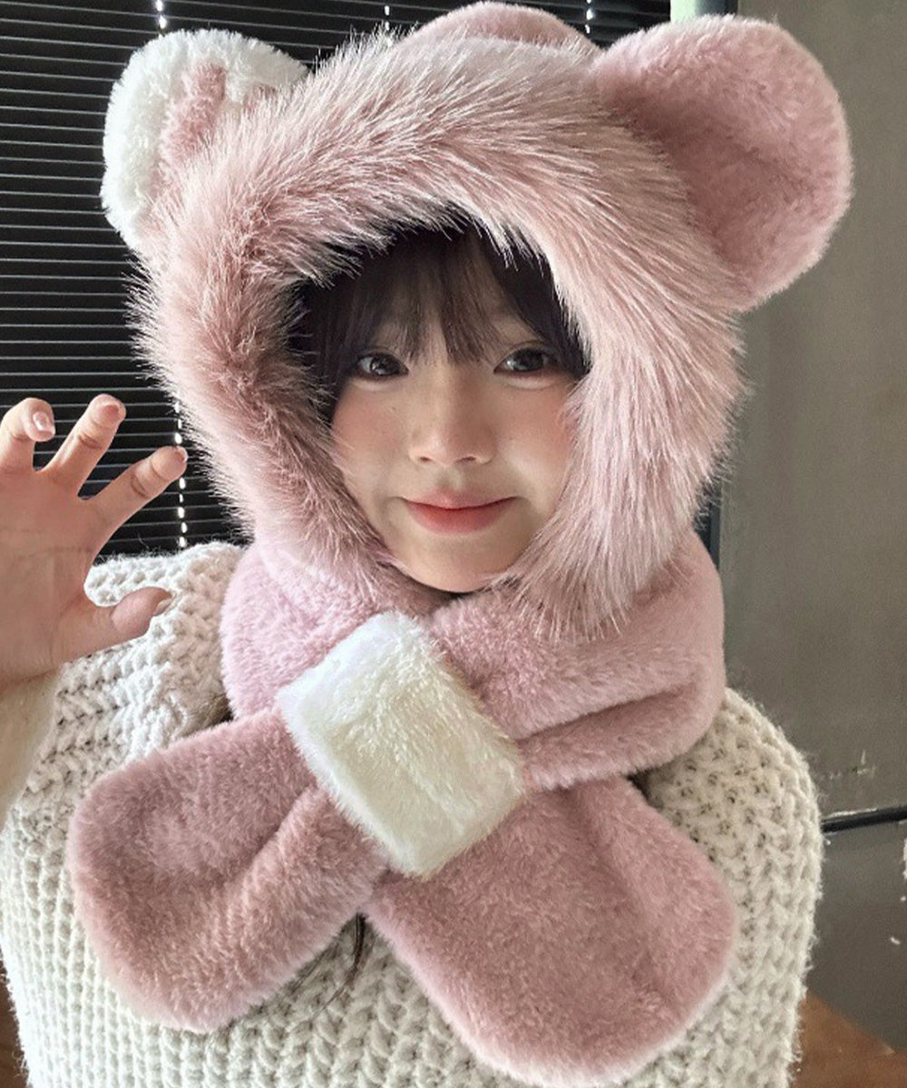 くまみみ帽子 マフラー付きファー帽子暖か 詳細画像5