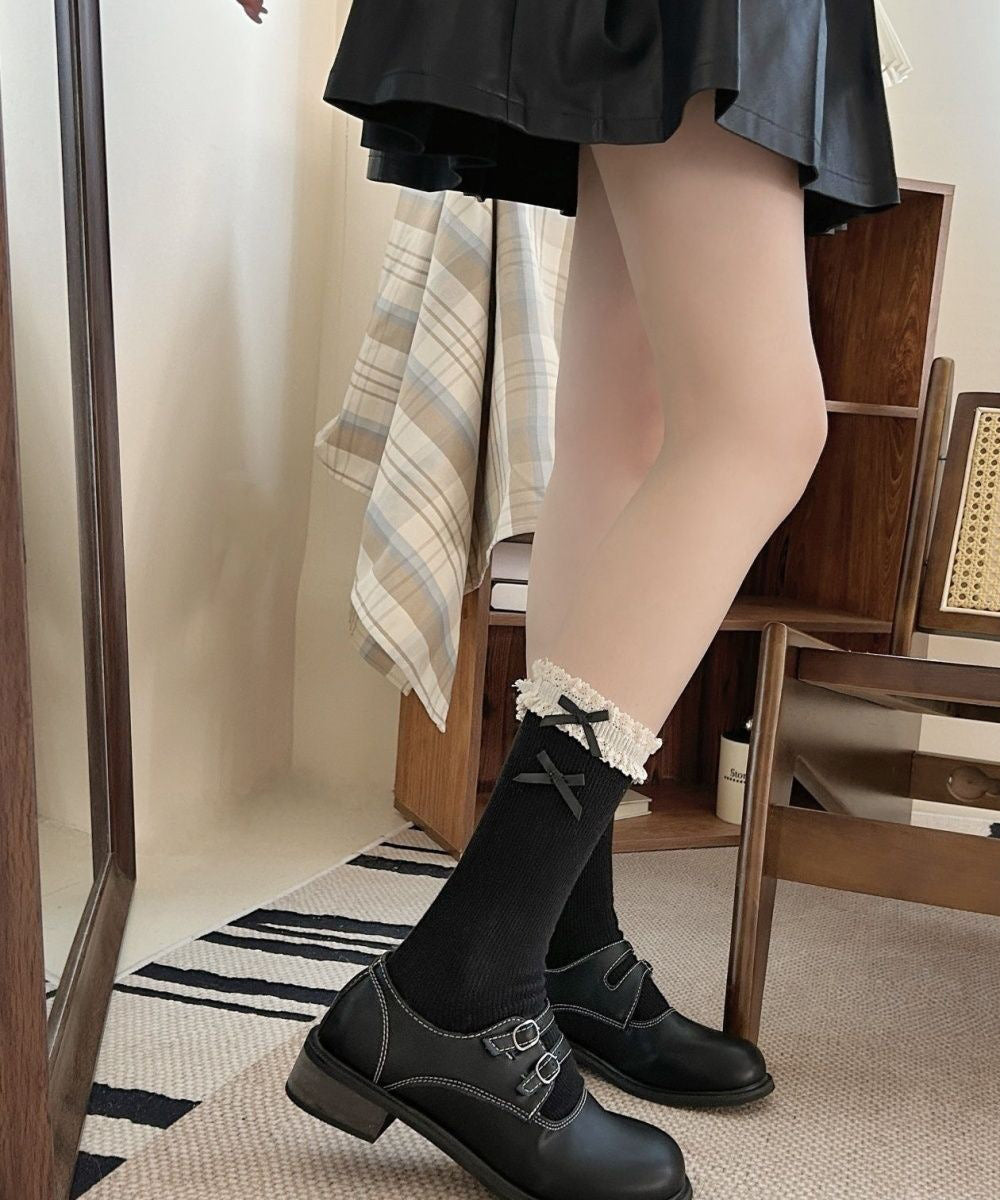 レース付き ソックス レディース 靴下 可愛い リブソックス リボン ガーリー靴下 カジュアル ロングソックス 春夏秋冬 おしゃれ フリルソックス 10代20代 88CXH-115