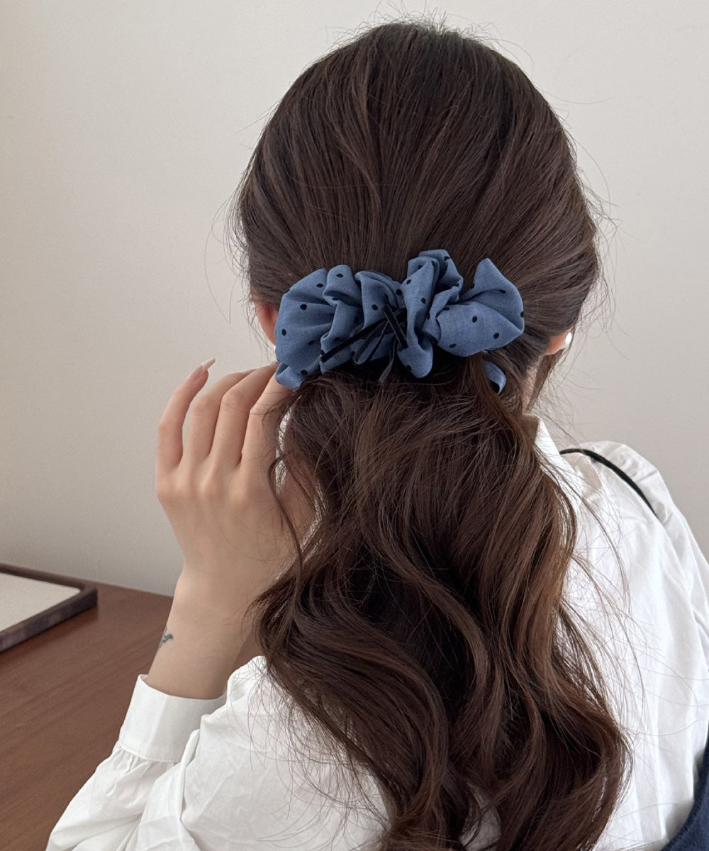 ドット柄 フリルリボン バナナクリップ おしゃれ ヘアアクセサリー レディース ヘアクリップ 清楚 まとめ髪 大人かわいい ヘアアレンジ フェミニン 簡単髪留め 88CXH-134