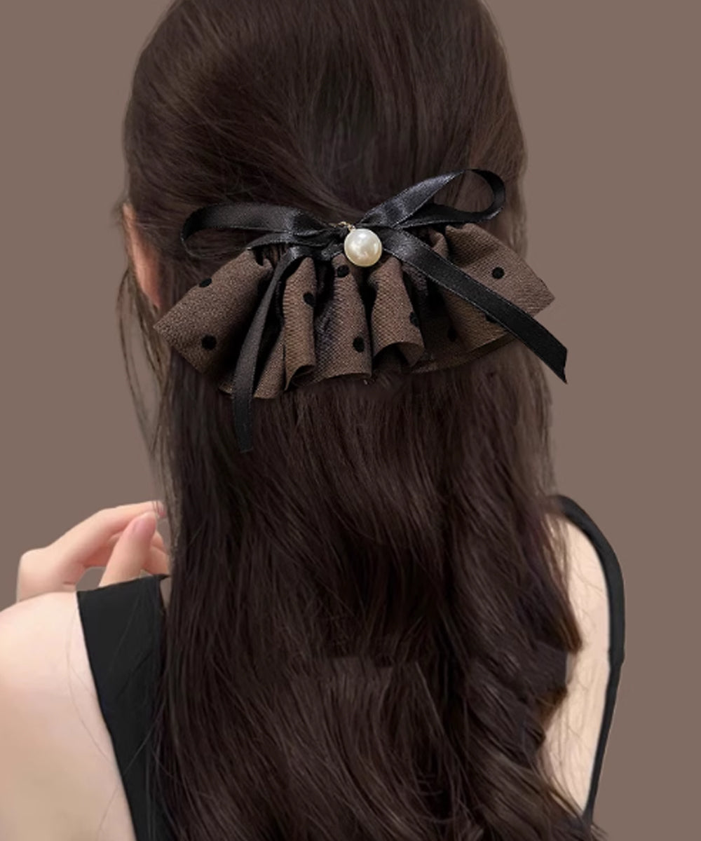 ドット柄 フリルリボン ヘアクリップ上品 おしゃれ ヘアアクセサリー レディース バレッタ 清楚 まとめ髪 大人かわいい ヘアアレンジ フェイクパール 簡単髪留め 88CXH-135