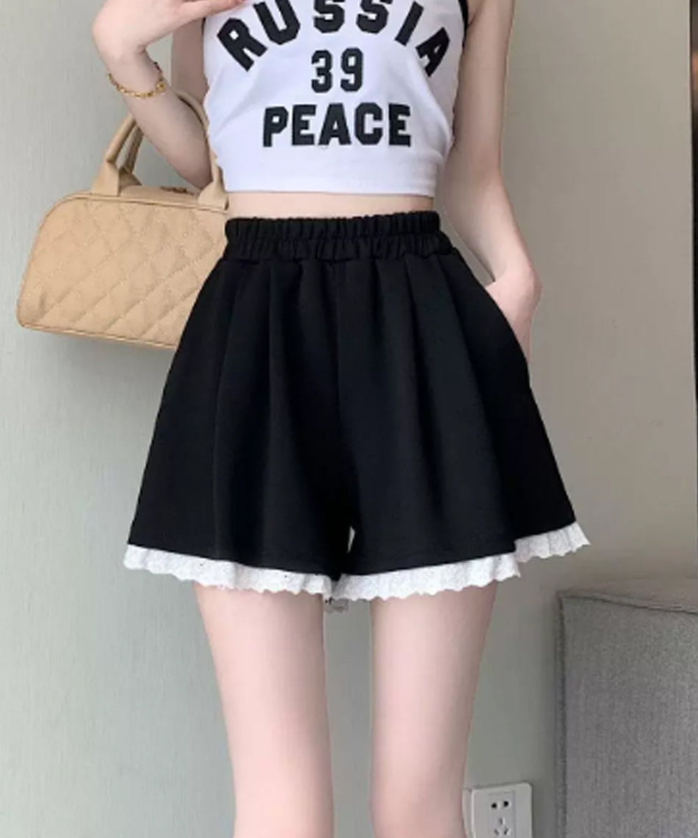 レース裾ショートパンツ レディース韓国風 大人可愛い フレア 短パンツ ウエストゴム キュロットパンツ 着やせ 美脚脚長パンツ 春夏 カジュアル 細見えパンツ 88CXH-153