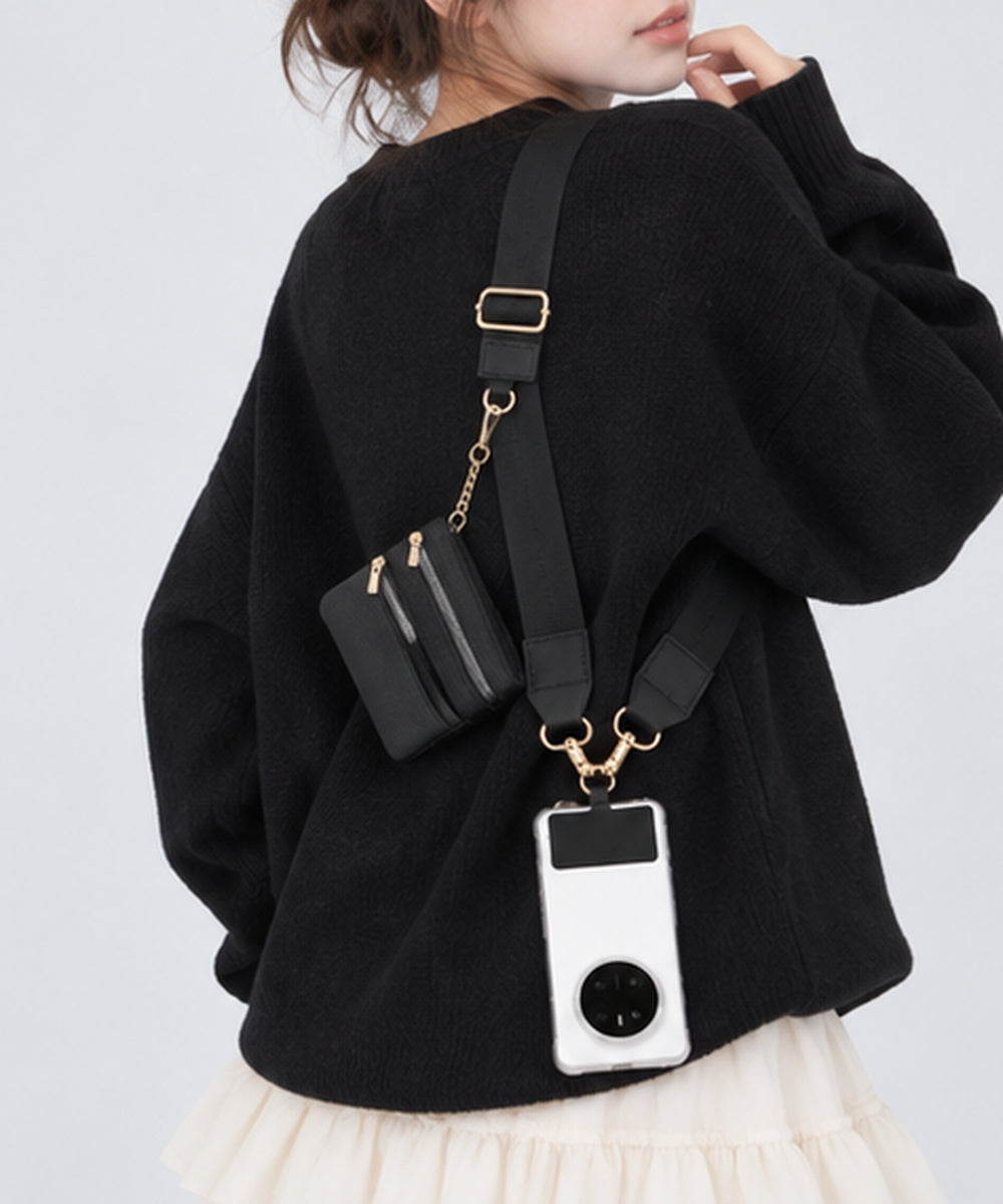 ミニポーチ付きスマホショルダーストラップ ブラック