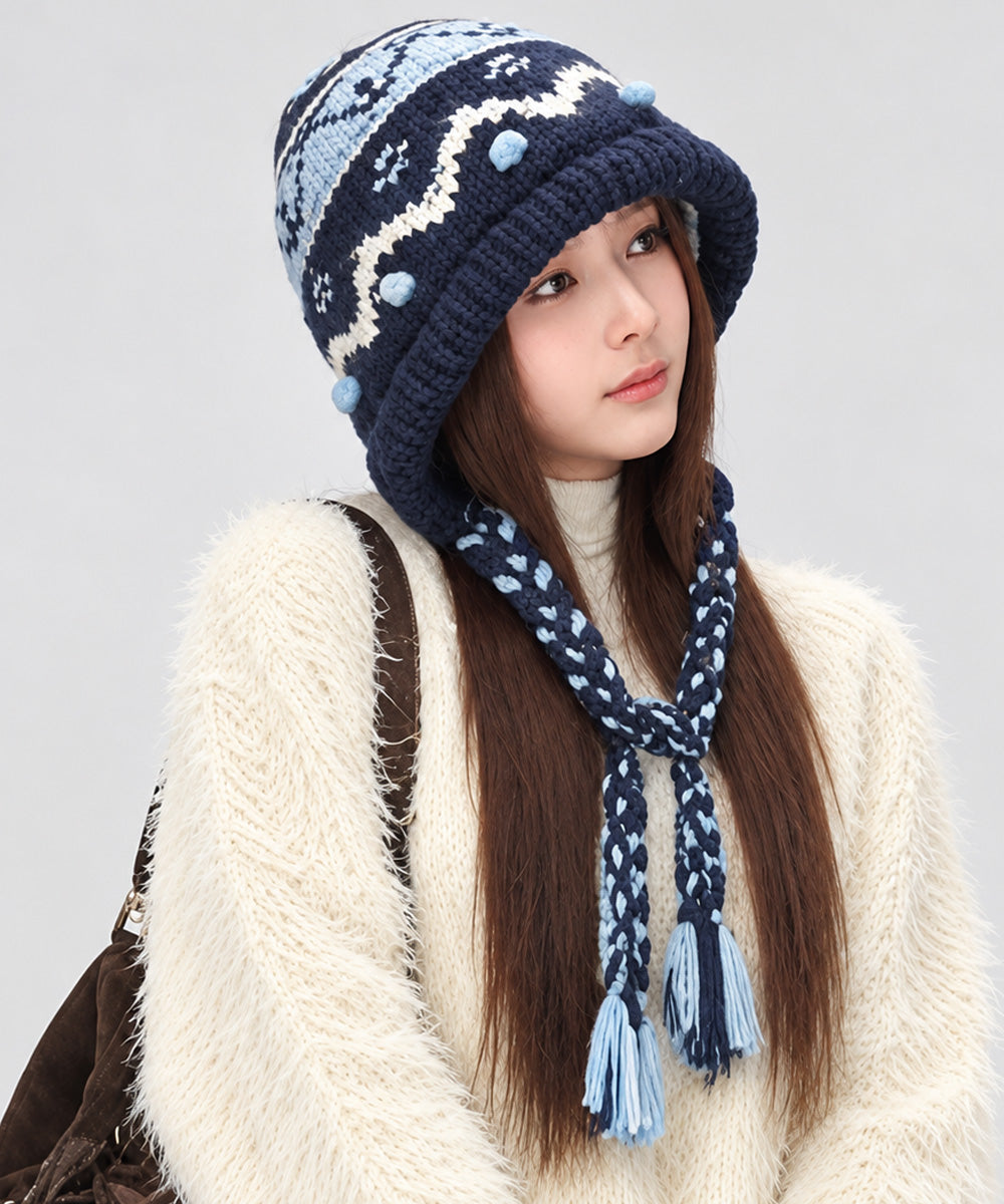 レトロノルディック柄ニット帽 耳当て付き