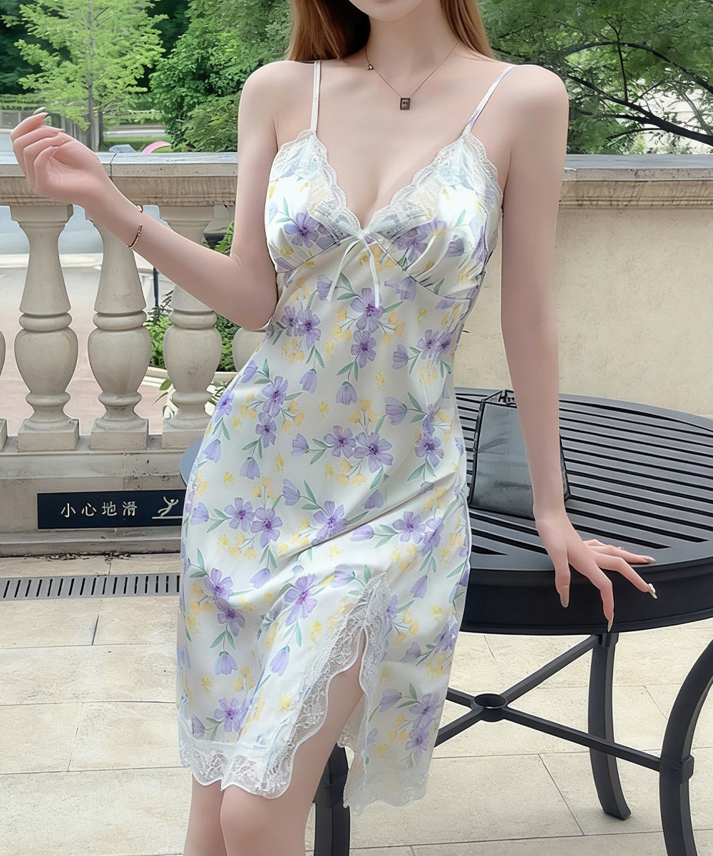 サテン調ベビードール パッド付きパジャマ ルームウェア レディース 滑らか セクシー花柄キャミワンピ 体型カバー レース切り替え ハート柄 Vネック スリット入り 89CHFEN-001