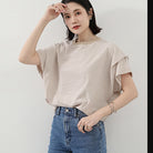 ショルダータックTシャツ レディース半袖 ベージュ*ボーダー