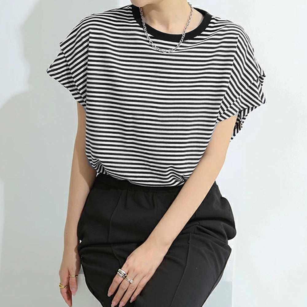 ショルダータックTシャツ レディース半袖 ブラック*ボーダー