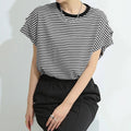 ショルダータックTシャツ レディース半袖 ブラック*ボーダー