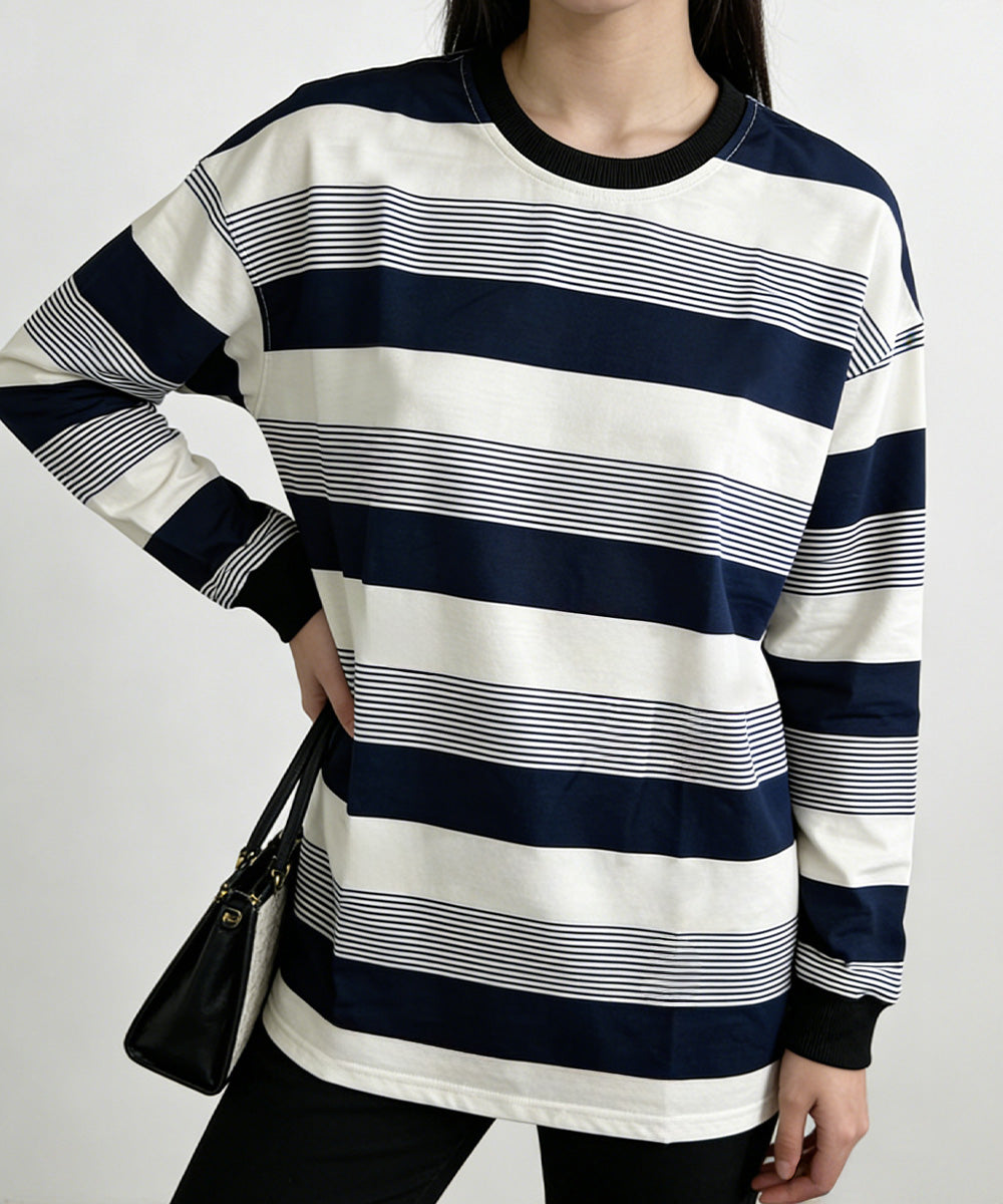 ボーダー柄Ｔシャツカットソープルオーバー レディース 長袖Ｔシャツ 大きいサイズ 丸首 春秋薄手トップス 体型カバー 着やせ服 クルーネック プルオーバーおしゃれ 89NUOYI-004
