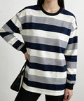 ボーダー柄Ｔシャツカットソープルオーバー レディース 長袖Ｔシャツ 大きいサイズ 丸首 春秋薄手トップス 体型カバー 着やせ服 クルーネック プルオーバーおしゃれ 89NUOYI-004