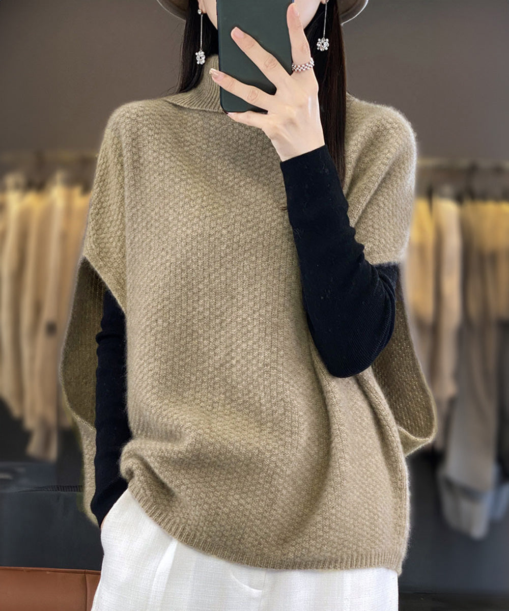 ニットベスト ジレ タートルネック重ね着 ライトブラウン