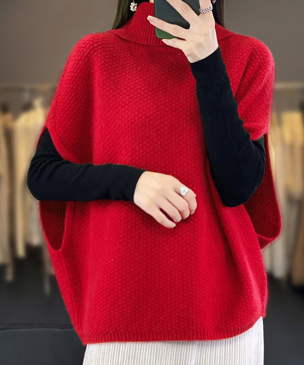 ニットベスト ジレ タートルネック重ね着 レッド