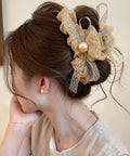 パールリボンヘアクリップ 韓国風まとめ髪 ヘアアクセサリー レディース ヘアアレンジ 上品髪留め ボリューム レースリボンバレッタ 大人フェミニン バンスクリップ 89XINCH-001