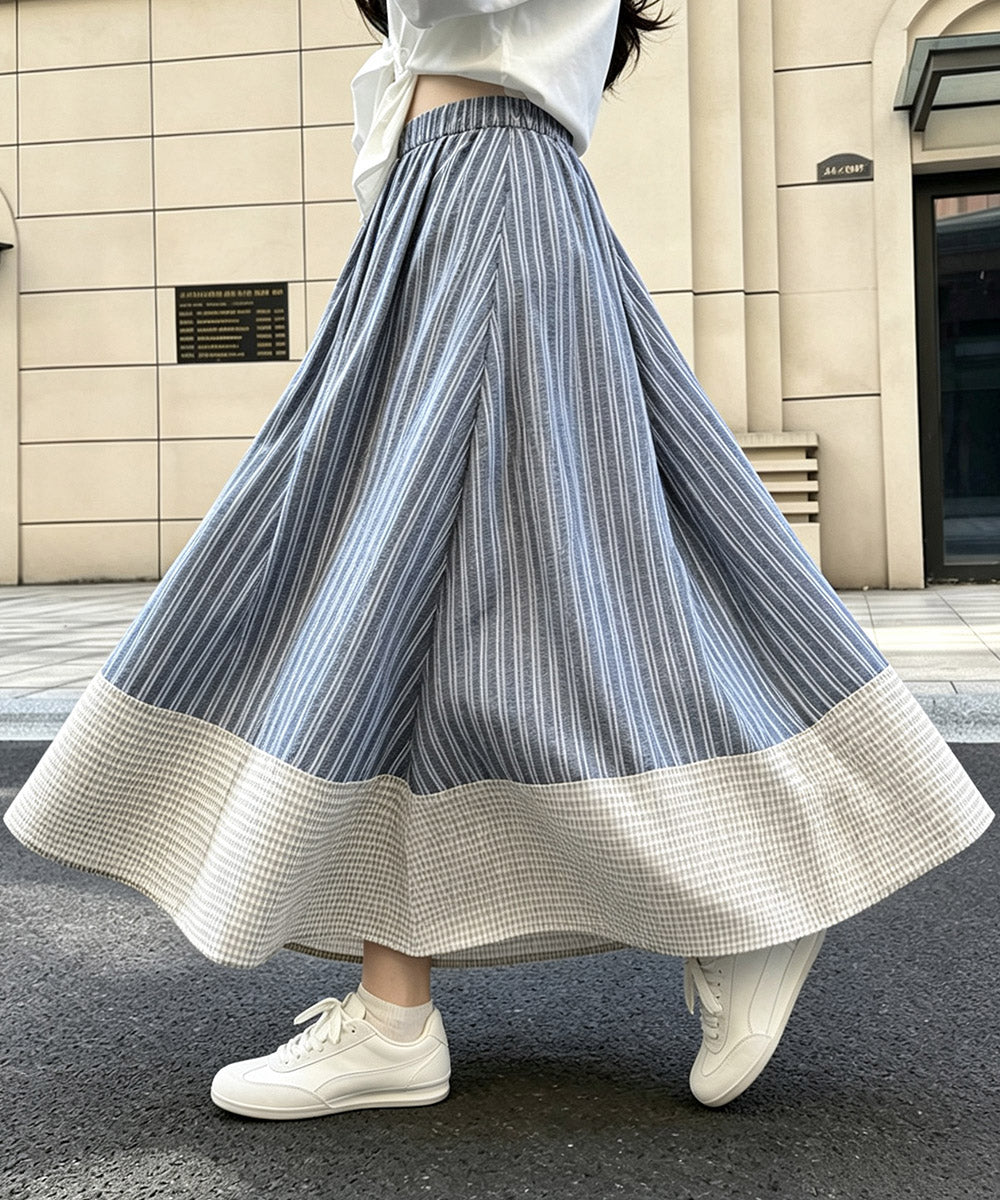 ストライプ柄ロングスカートフレアスカート ボリュームスカート Aライン レディース 配色切り替え お出かけ おしゃれスカート ゆったり体型カバーハイウエスト韓国風 89YUHAN-001