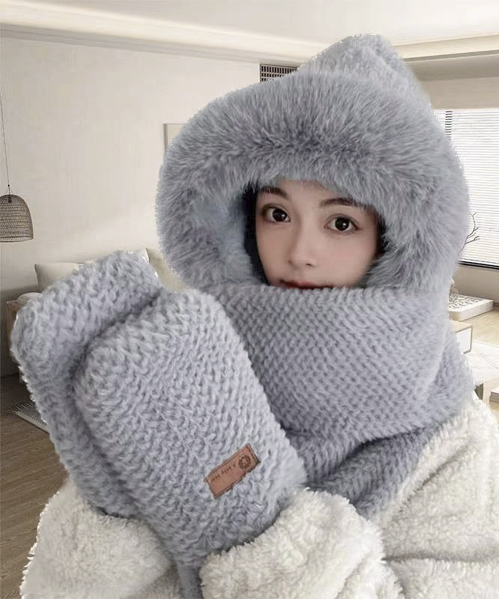 ニット帽子 マフラー手袋一体型ファー帽子 グレー