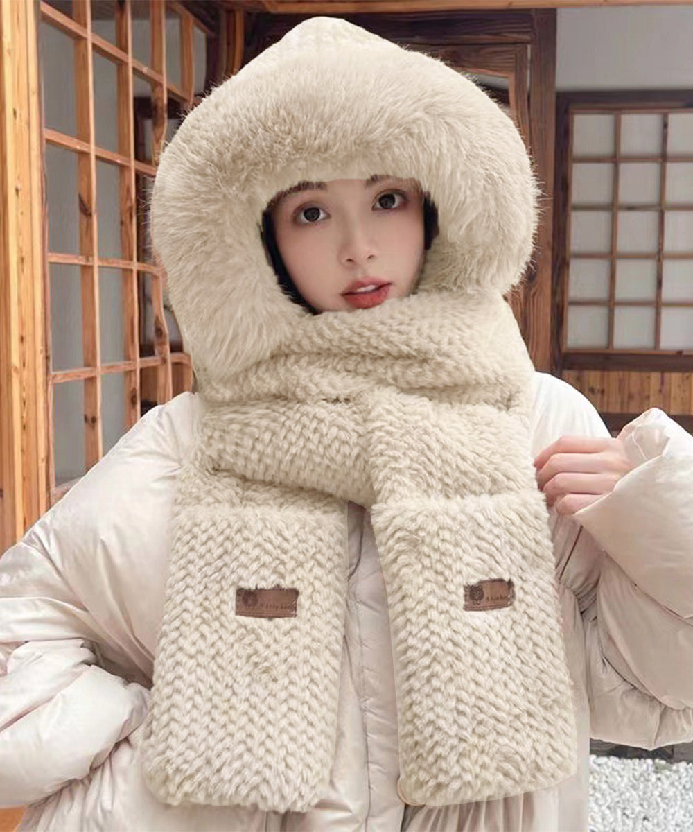 ニット帽子 マフラー手袋一体型ファー帽子 ライトベージュ
