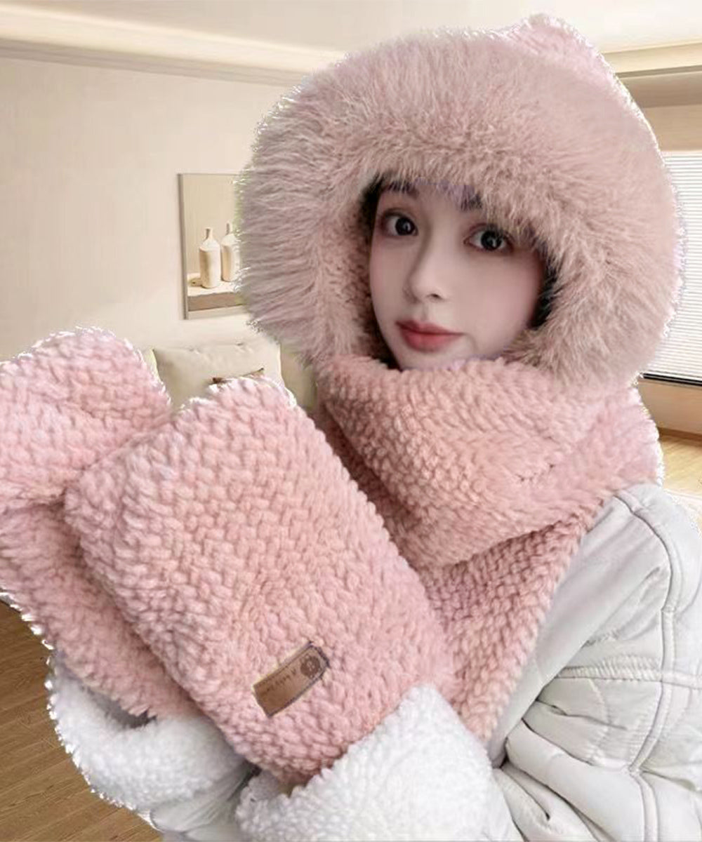 ニット帽子 マフラー手袋一体型ファー帽子 ピンク