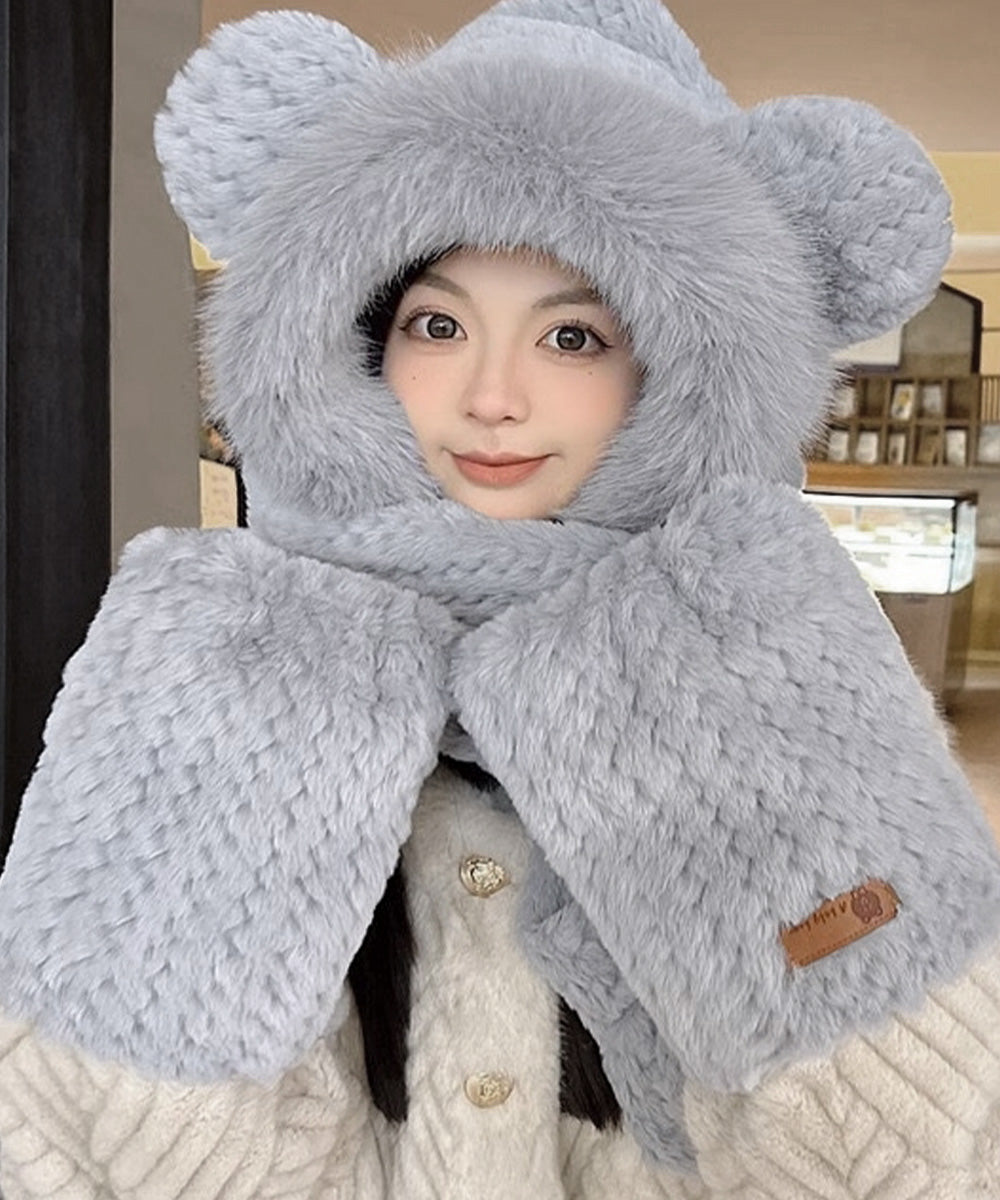 くま耳ニット帽子 マフラー 手袋 一体型 グレー