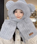 くま耳ニット帽子 マフラー 手袋 一体型 ふわふわファー帽子 あったかネックウォーマー フード付マフラー 秋冬 アニマル耳付き ぬいぐるみ帽子 アウトドア寒さ対策 90CH-002
