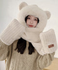くま耳ニット帽子 マフラー 手袋 一体型 ふわふわファー帽子 あったかネックウォーマー フード付マフラー 秋冬 アニマル耳付き ぬいぐるみ帽子 アウトドア寒さ対策 90CH-002