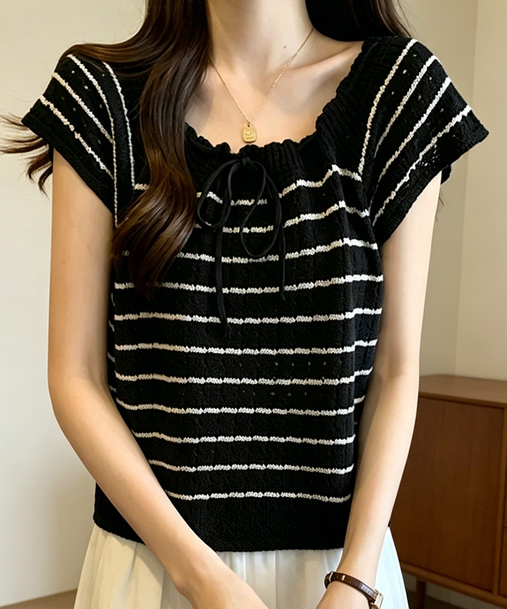 パンチングリボン半袖ニットトップス韓国風 ボーダー柄サマーニット レディース ニットソー 薄手ニットTシャツ 大人可愛い ガーリーニットプルオーバー おしゃれ夏服 90CHENXINI-012