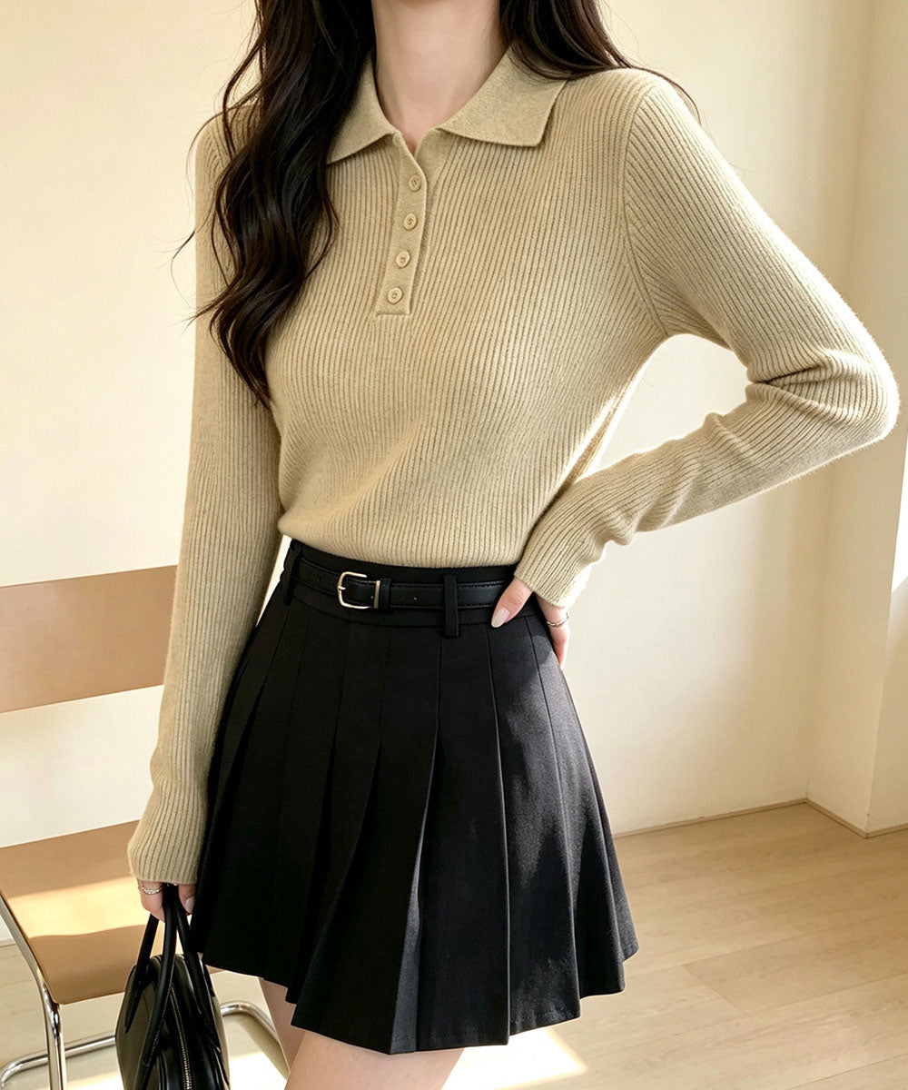 ポロリブニットトップス ベーシック春秋服 レディース 大人カジュアル 襟付きニット きれいめニットセーター 細見え無地ニットインナー お洒落ニットソー秋冬 韓国風 90CHENXINI-023