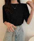 サマーニットトップス半袖 カットソー夏服 薄手リブニットTシャツレディース ベーシックニット着やせトップス 通勤通学 オフィスカジュアル シンプルニットソー着回し 90CHENXINI-030