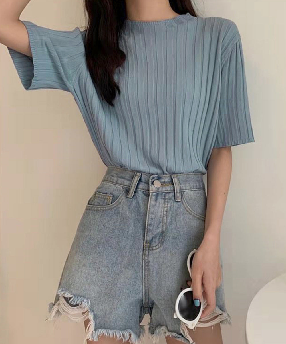 サマーニットトップス半袖 カットソー夏服 薄手リブニットTシャツレディース ベーシックニット着やせトップス 通勤通学 オフィスカジュアル シンプルニットソー着回し 90CHENXINI-030