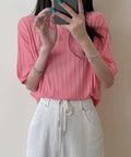 サマーニットトップス半袖 カットソー夏服 薄手リブニットTシャツレディース ベーシックニット着やせトップス 通勤通学 オフィスカジュアル シンプルニットソー着回し 90CHENXINI-030