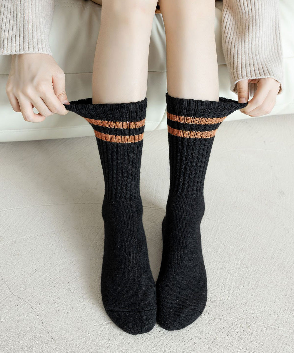 カシミヤ風ソックス 冷え取り 暖かい靴下 2本ライン 厚手クルーソックス リブ編みソックス ルームソックス 通学 あったか靴下カラバリ レトロカラーソックスお洒落 90CTYY-001