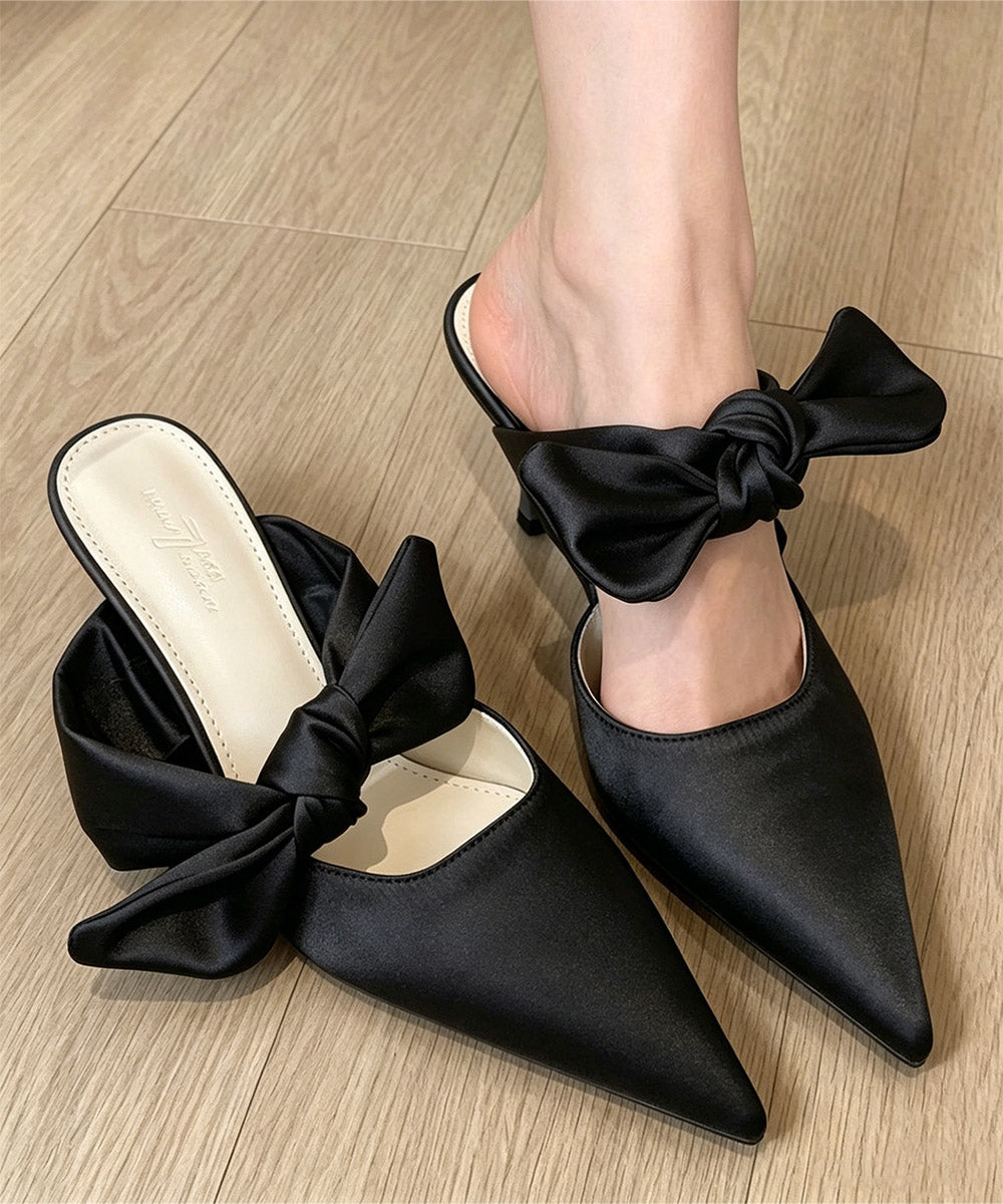 リボンミュールパンプス ポインテッドトゥ ミュールサンダルレディース きれいめ 歩きやすいリボンパンプス上品 ピンヒールミュール 美脚 サテン調パンプスパーティー 90JIANLONG-023