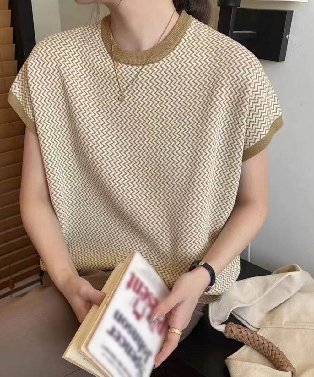 フレンチスリーブサマーニット レディース ノースリーブニットトップス きれいめ 柄ニットTシャツ ゆったり 体型カバー 半袖春夏トップス 丸首 薄手ニットソー韓国 90JINLONG-001