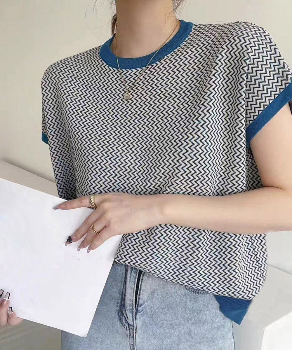 フレンチスリーブサマーニット レディース ノースリーブニットトップス きれいめ 柄ニットTシャツ ゆったり 体型カバー 半袖春夏トップス 丸首 薄手ニットソー韓国 90JINLONG-001