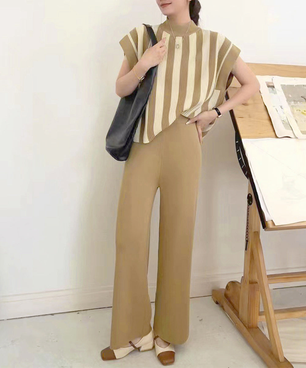 サマーニットセットアップ 韓国 春夏秋服 ダークベージュ