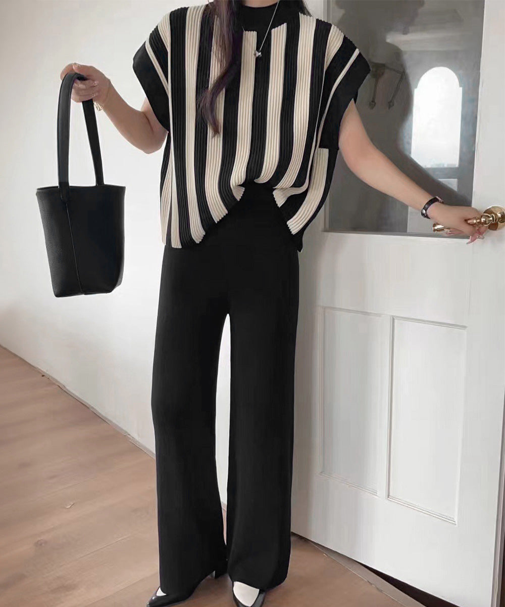 サマーニットセットアップ 韓国 春夏秋服 ブラック