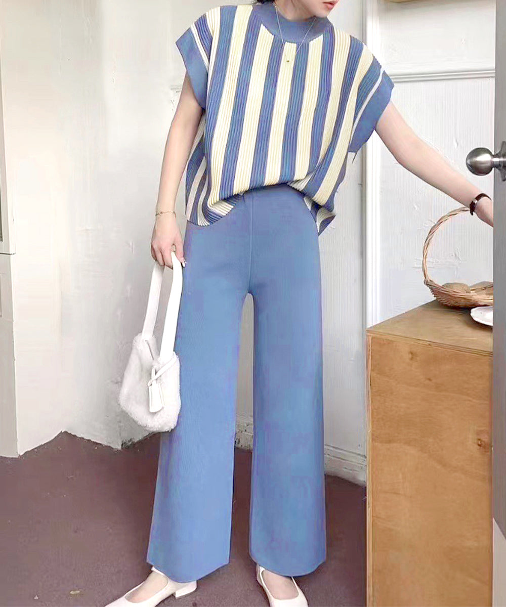 サマーニットセットアップ 韓国 春夏秋服 ブルー