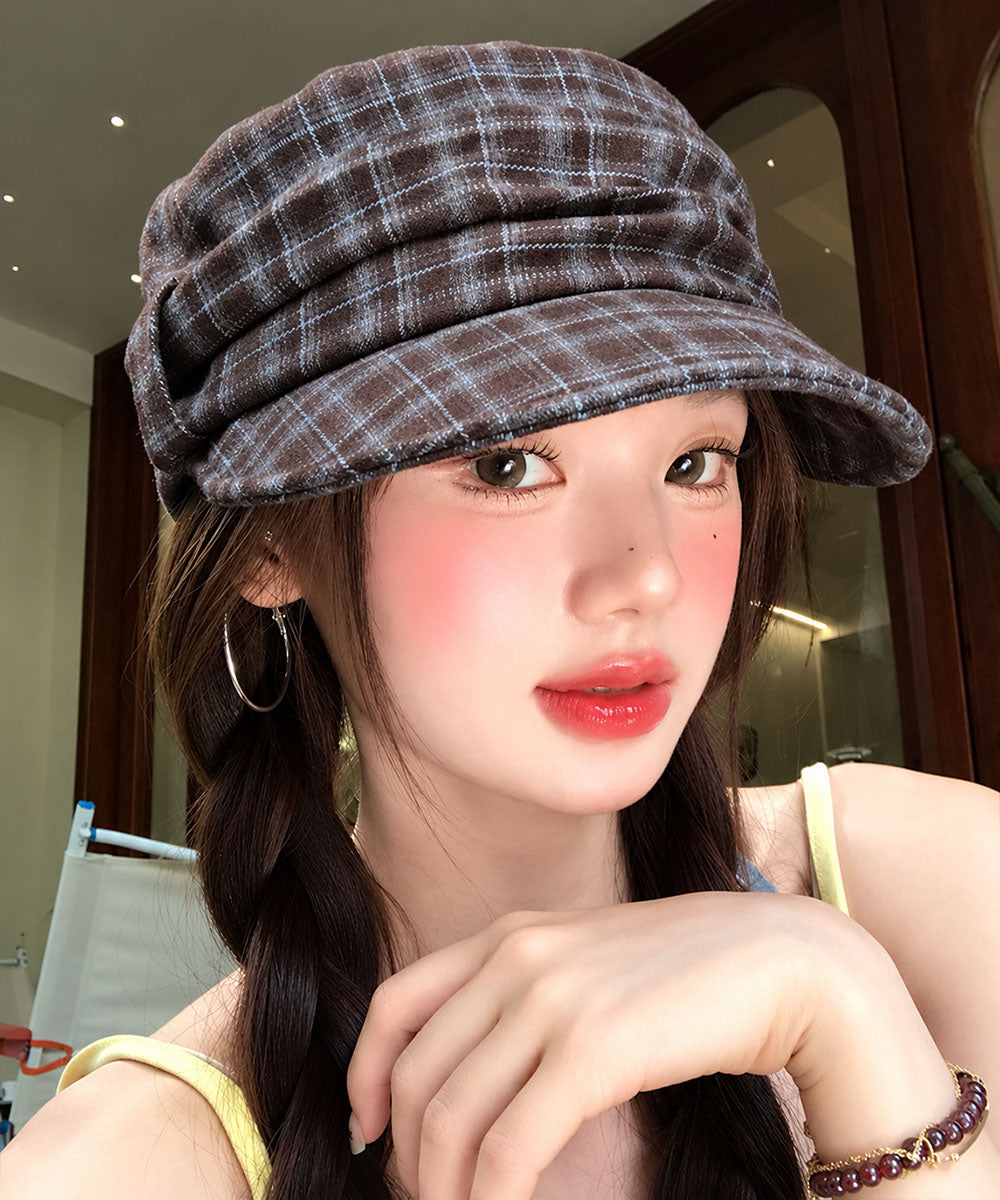 チェック柄キャスケット レトロ韓国風帽子 ブラウン