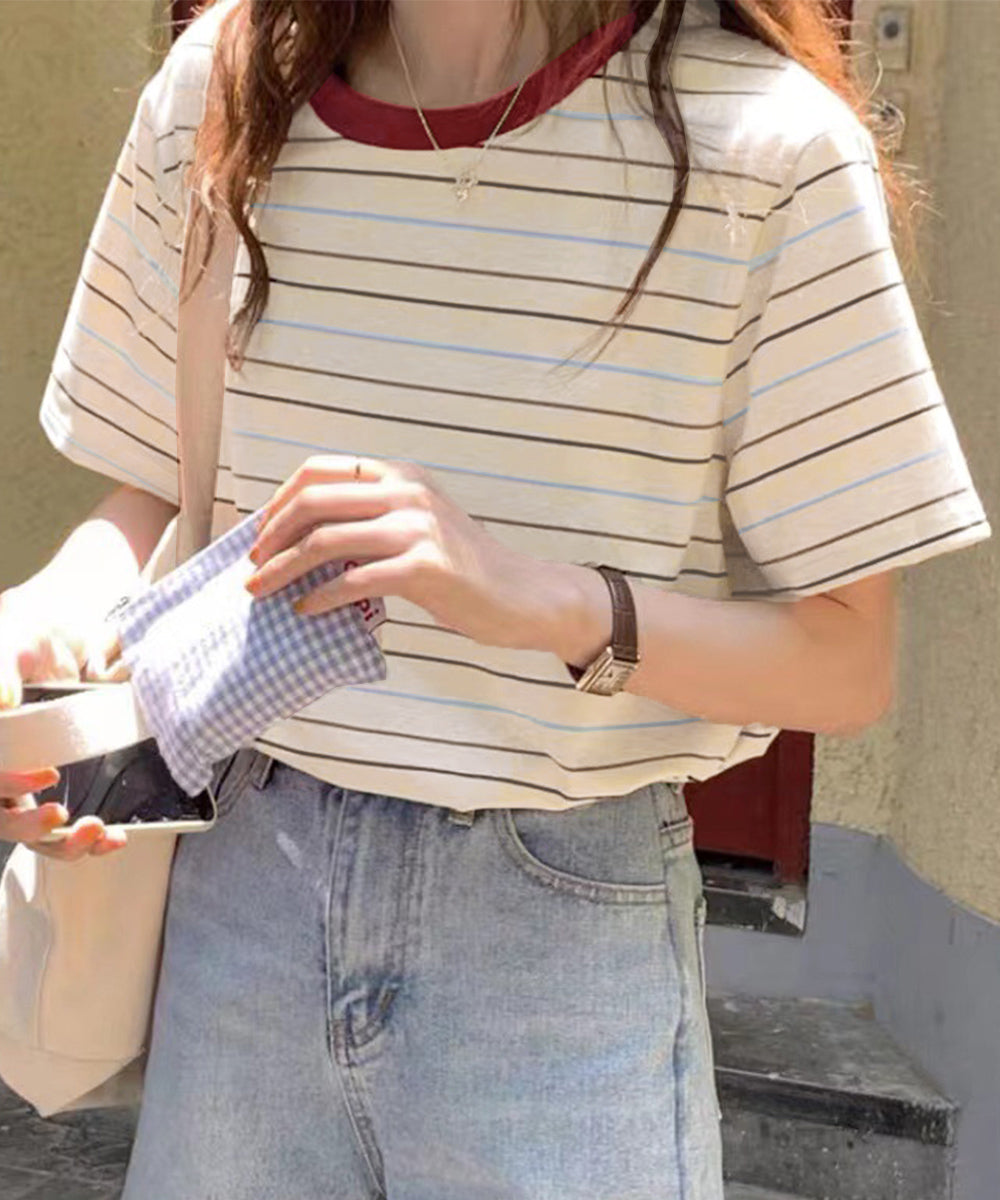 マルチボーダーTシャツ 半袖カットソー夏 レディース 配色プルオーバー クルーネック バイカラー 夏トップス 着やせ おしゃれ カジュアル tシャツ半袖 レトロT 90QIY-001