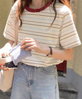マルチボーダーTシャツ 半袖カットソー夏 レディース 配色プルオーバー クルーネック バイカラー 夏トップス 着やせ おしゃれ カジュアル tシャツ半袖 レトロT 90QIY-001