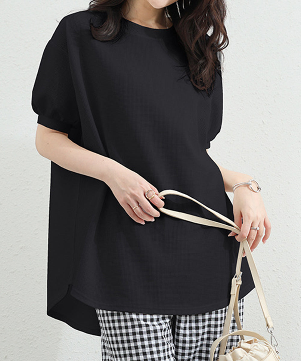 ワッフルTシャツ半袖レディースゆったり夏 大人可愛いワッフルプルオーバー パフスリーブ体型カバートップス カジュアル 裾ラウンドゆるtシャツ 無地カットソー春夏服 90RRT-001