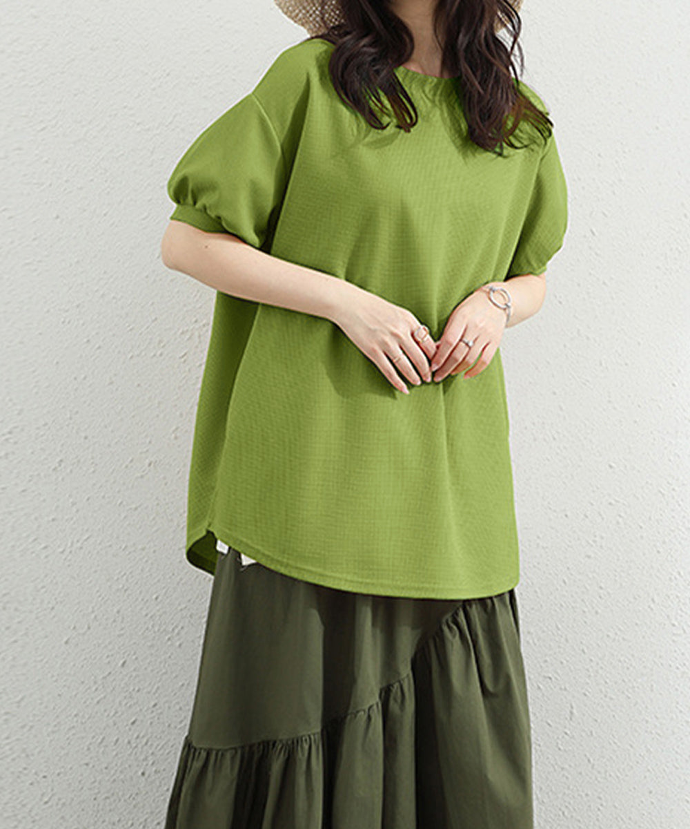 ワッフルTシャツ半袖レディースゆったり夏 大人可愛いワッフルプルオーバー パフスリーブ体型カバートップス カジュアル 裾ラウンドゆるtシャツ 無地カットソー春夏服 90RRT-001