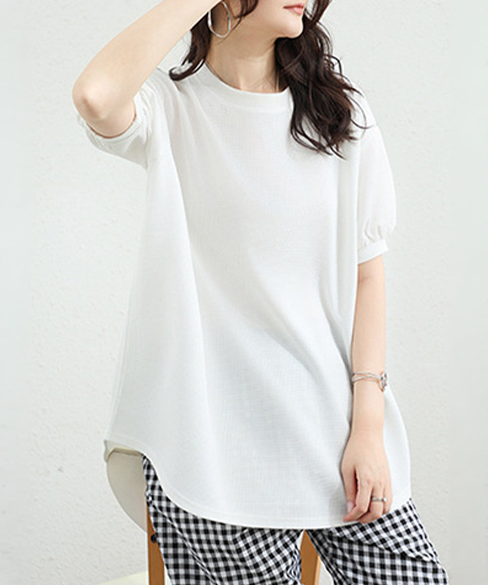 ワッフルTシャツ半袖レディースゆったり夏 大人可愛いワッフルプルオーバー パフスリーブ体型カバートップス カジュアル 裾ラウンドゆるtシャツ 無地カットソー春夏服 90RRT-001